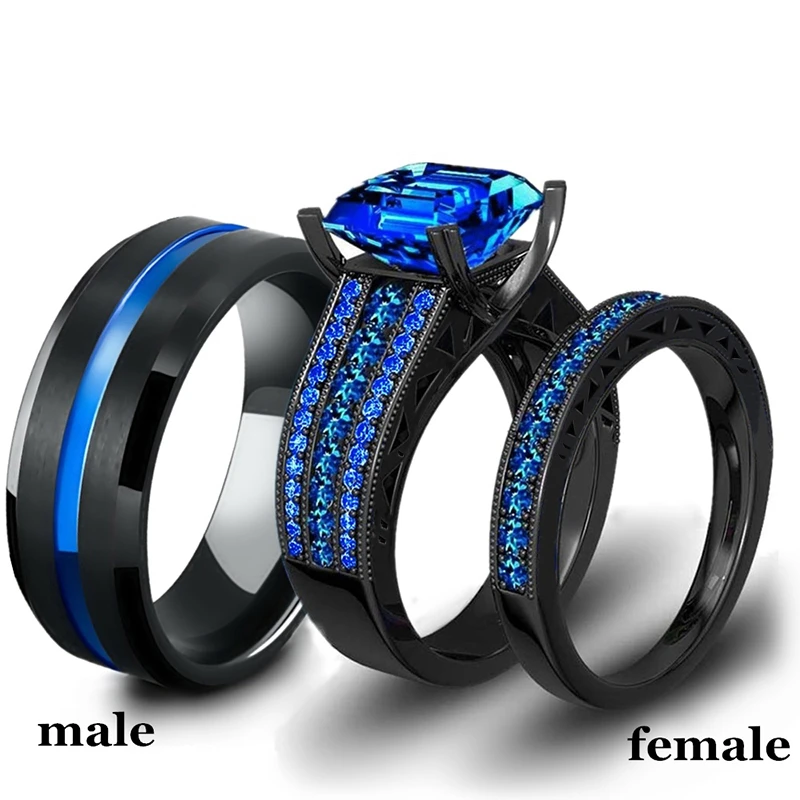 Fashion Jewelry Lovers Rings Women's Blue Zircon Engagement Ring Sets Men's Stainless Steel Wedding Band Anniversary Gift