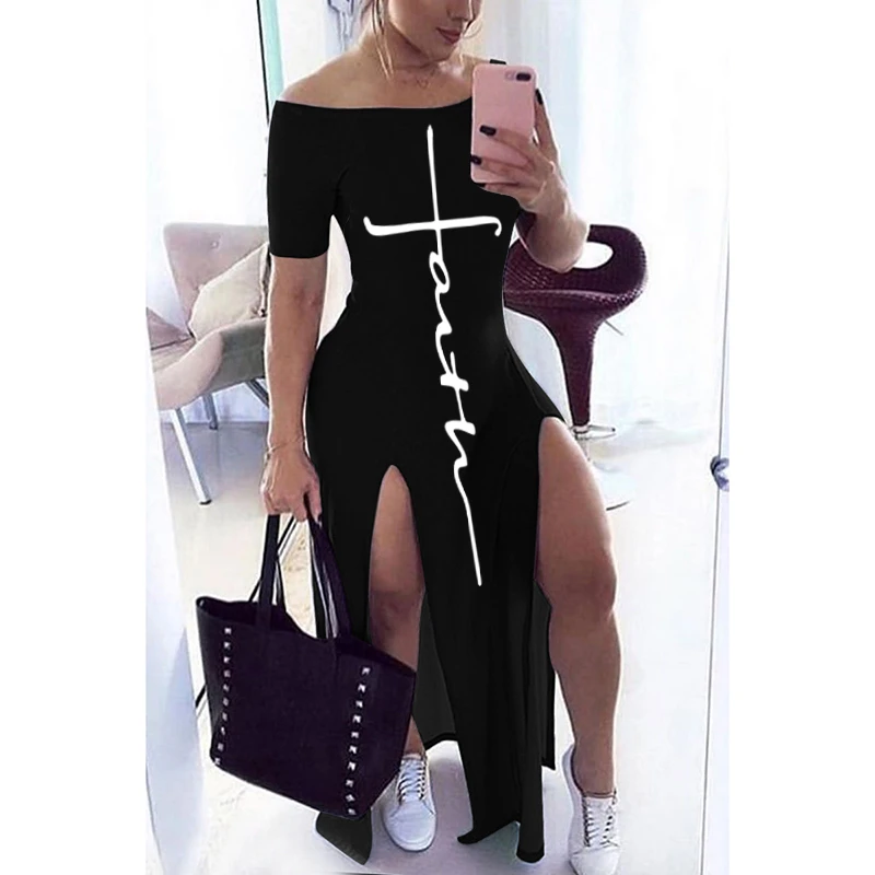 Letter Pattern Off Shoulder Split Maxi Dress Women Fall Winter 2020 Short Sleeve Sheath Casual Fashion Sexy Club Long Dresses