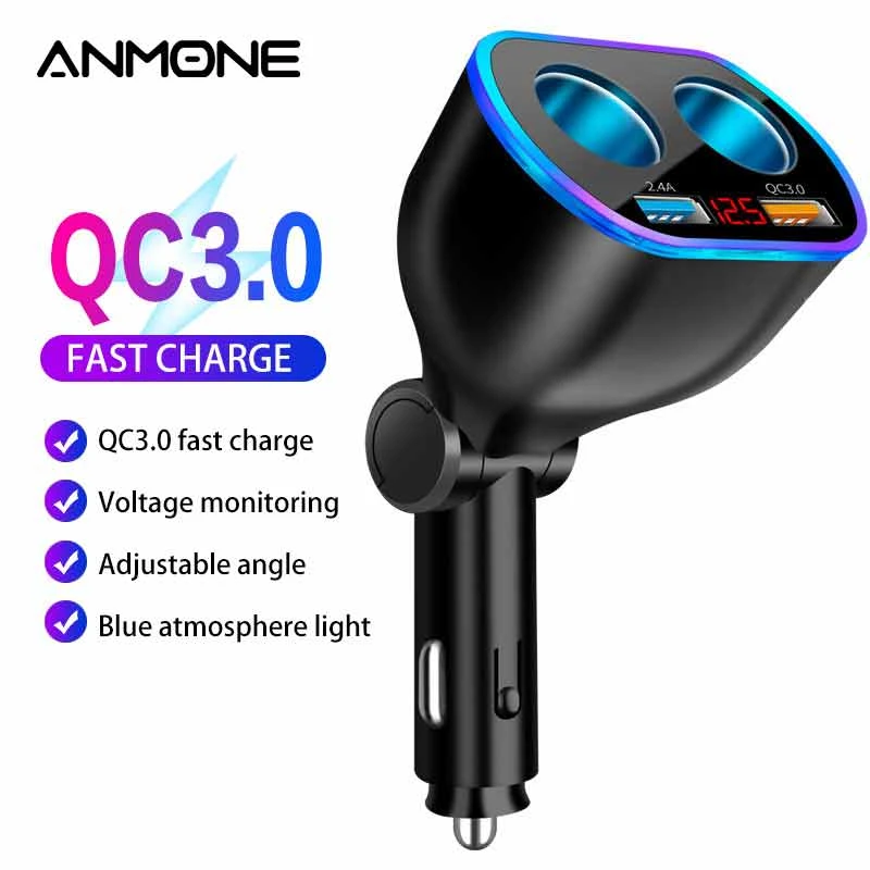Car Charger Dual Usb Qc3 Quick Charge Rotation Adapter QC 3.0 2 Way Power Socket Splitter Led Display Charging For iPhone XR XS