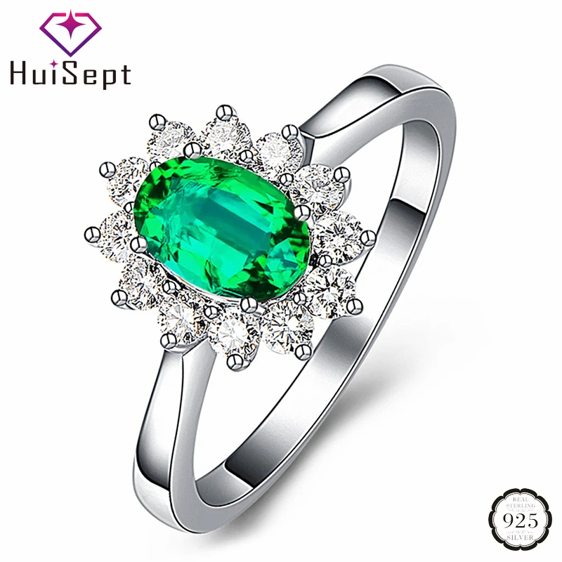 HuiSept Fashion Rings 925 Silver Jewelry for Women Oval Emerald Ruby Zircon Gemstones Ornaments Finger Ring Wedding Party Gifts