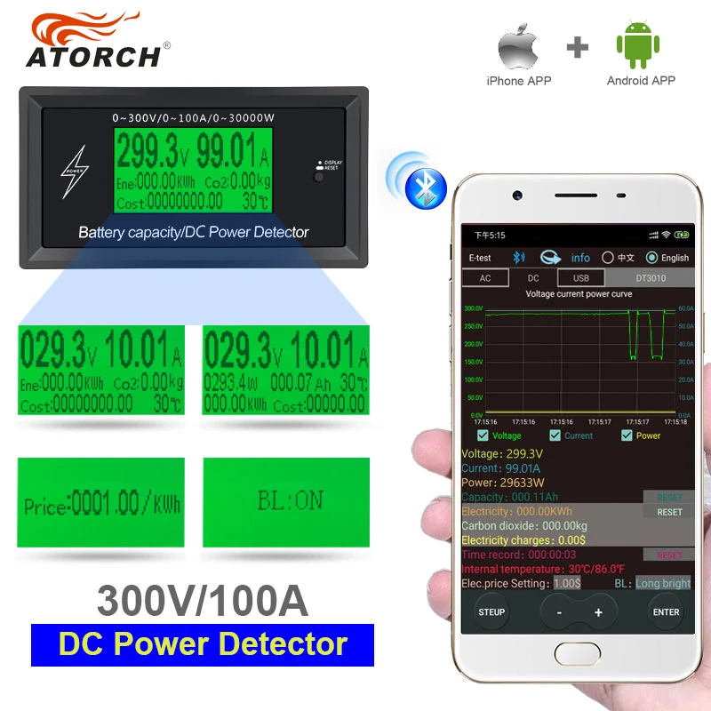 ATORCH DC 300V 100A Accurate Energy Bluetooth Meter Voltage Current Power Voltmeter Ammeter Overload Alarm Function indoor