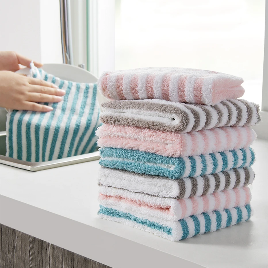 Stripe Dish Clean Towel Coral Fleece Highly Absorbent Wipe Cloths Kitchen Dish Pot Cups Cleaning Rag Scouring Pad