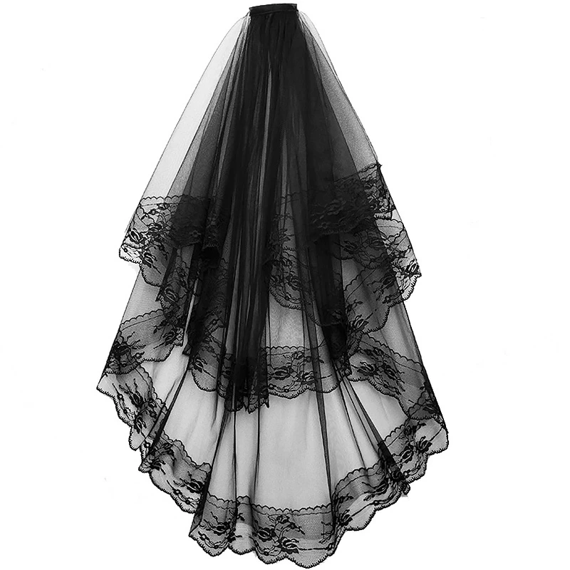 Black White Lace Bridal Veils with Comb Short Two Layer Elegant Vintage Wedding Veils for Bride Cosplay Costume Hair Accessories