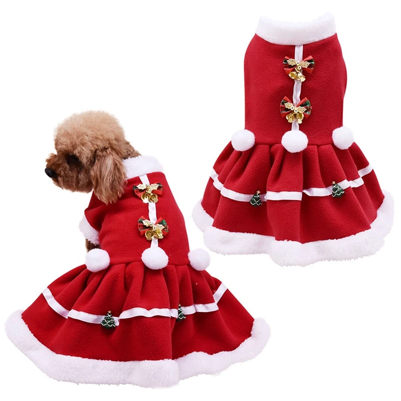 Christmas Dog Girls Costume Dress Puppy Warm Fleece Skirt Clothes Autumn Winter Warm Clothes Pet Dog Red Skirt Fancy Dress Warm