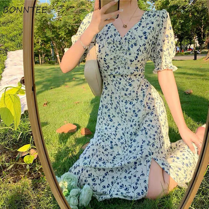 Short-sleeve Dress Women Printing V-neck Summer Chiffon Ladies Leisure Streetwear Retro Ulzzang Fashion Vintage Cute Holiday Ins