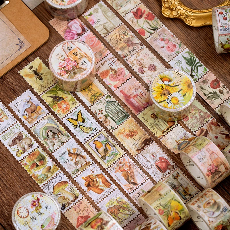 Retro Stamp Philately Series Washi Tape Plant mushroom Decorative Adhesive Tape DIY Scrapbooking Sticker Label