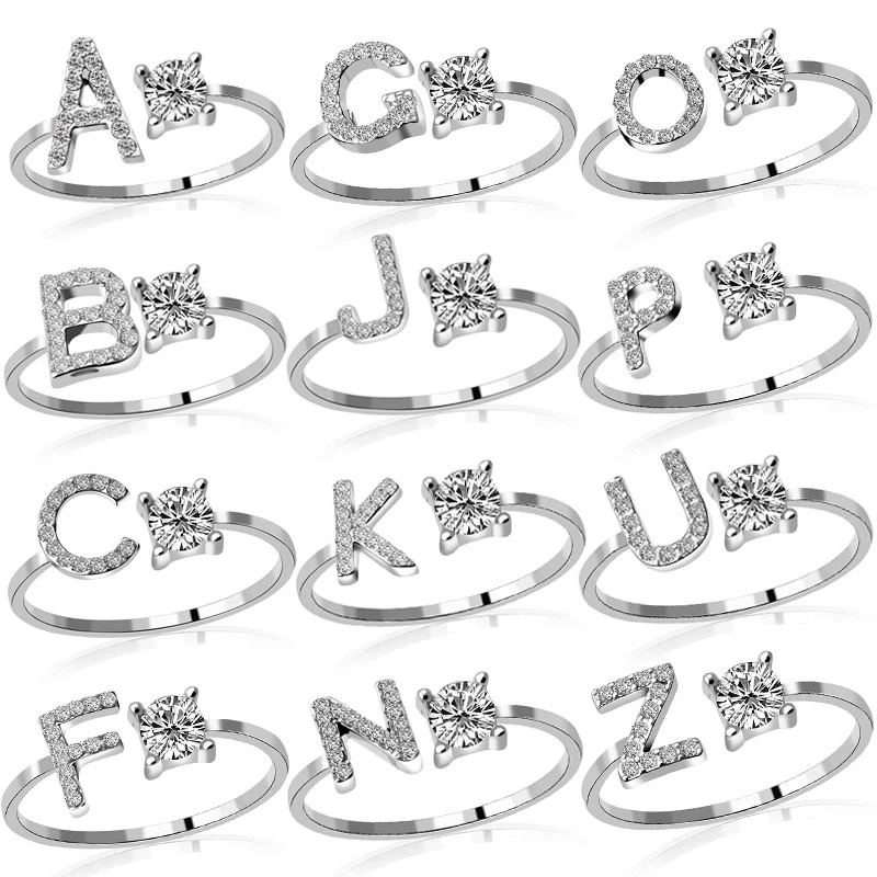 1PC Shining Rhinestone Mosaic 26 Letters Initial Ring New Fashion Opening Cuff Ring For Women Charm Jewelry Gift