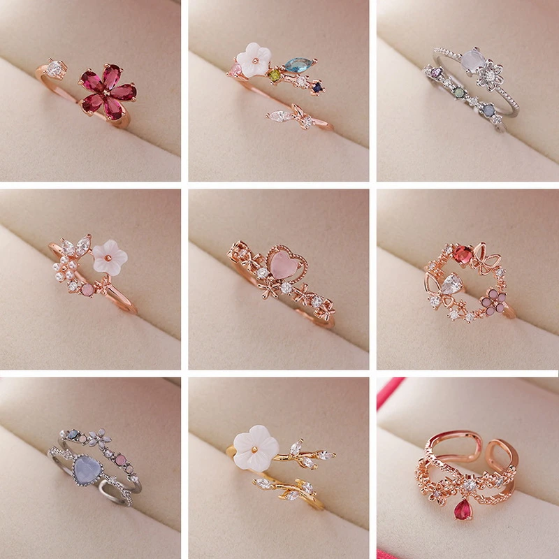 2021 New Fashion Crystal Zircon Rings Sweet Flower Leaf Butterfly Adjustable Open Rings Female Wedding Engagement Jewelry Gift