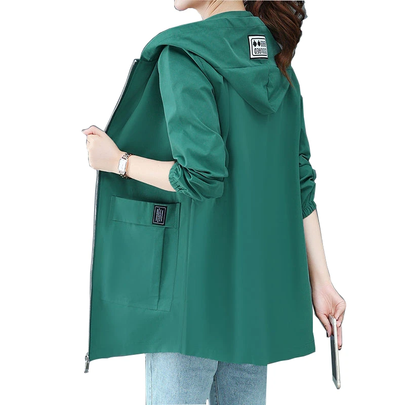 Women 2021 Spring Solid Windbreaker Jacket New Fashion Women's Mid-length Big Pocket Coat Loose Oversize Hooded Zipper Outerwear