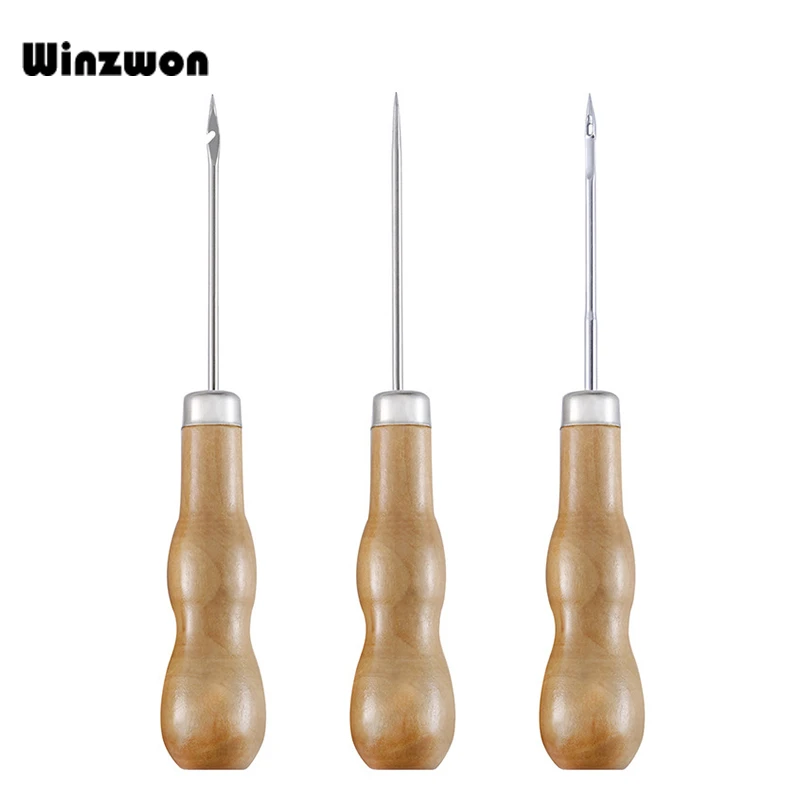 3Pcs Wooden Handle Sewing Awl DIY Carft Stitch Needle Cone Die Stencils Canvas Shoes Repair Punch Awl Leather Craft Awl Tool