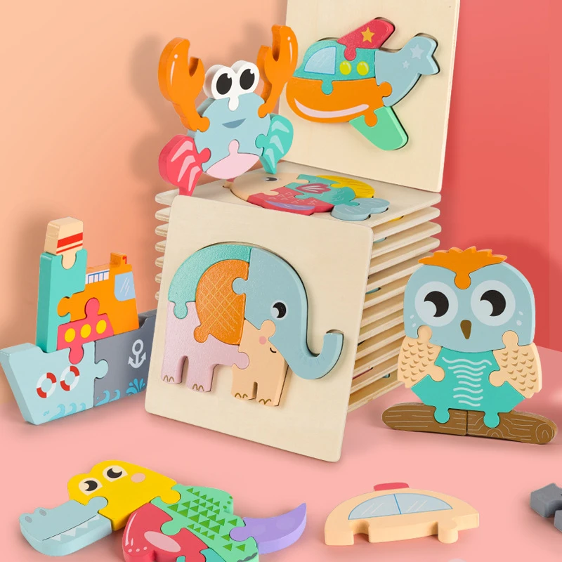 High quality baby 3D wooden puzzle educational toys early learning cognition kids cartoon grasp intelligence puzzle