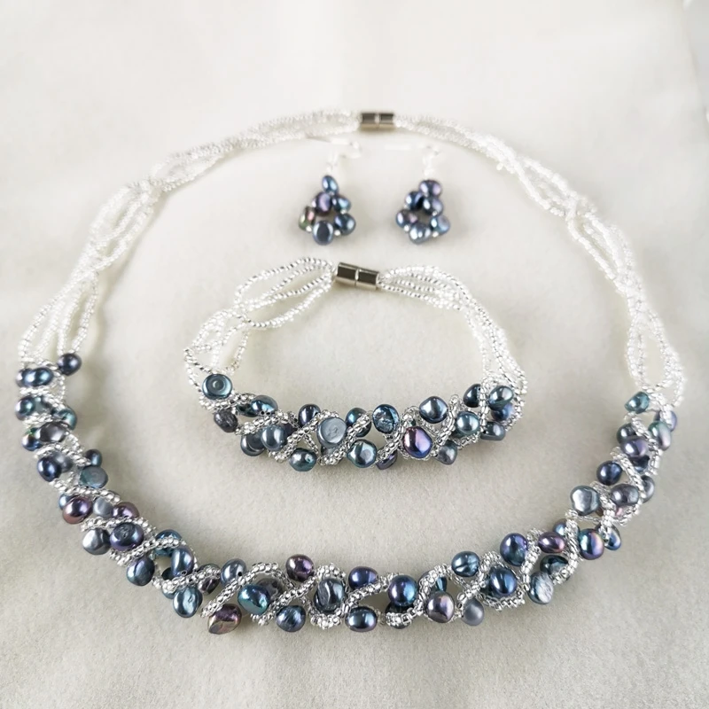 DMSFP400 Handmade Necklace Earrings Bracelet 5-6mm Natural Freshwater Pearl Jewelry Sets for Women Bridal Gift