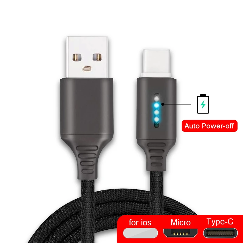 Smart Power Off Charging Cable For iPhone 11Pro Samsung S8 Auto Power-off Protection Cord With LED Micro USB Type C Charge Cable