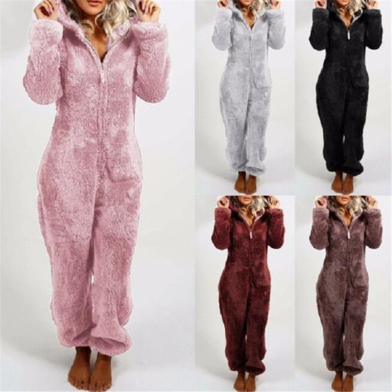 Winter Warm Pyjamas Women Onesies Fluffy Fleece Jumpsuits Sleepwear Overall Hood Sets Pajamas For Women Adult