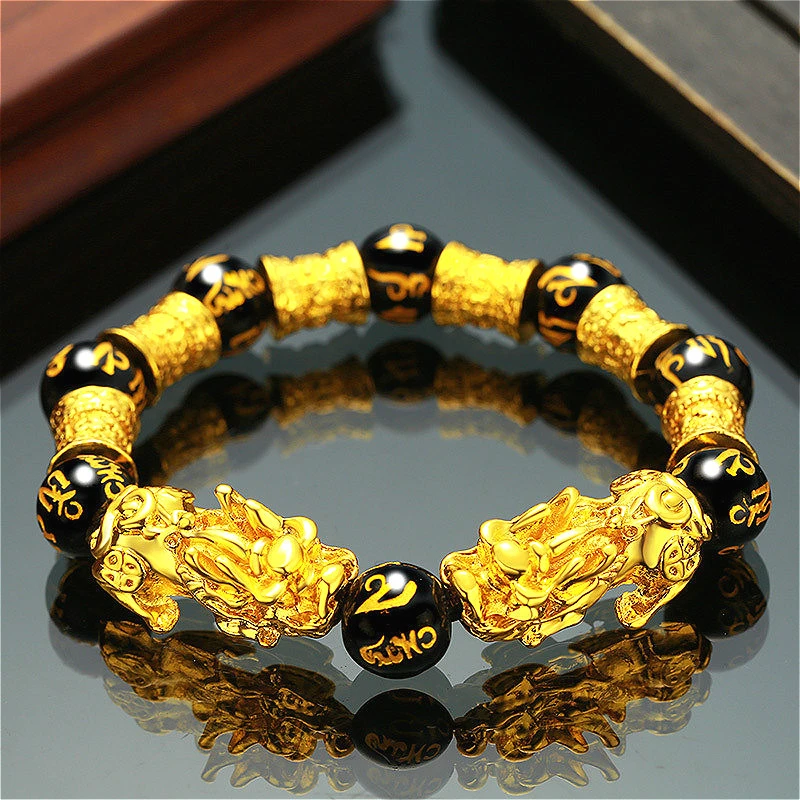 1pc Obsidian Stone Beads Chakra Bracelet Feng Shui Unisex Wristband Gold Black Pixiu Wealth Good Luck Women Charms Bracelet 23cm