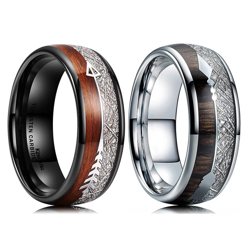 FDLK  8mm White and Black Stainless Steel Ring Koa Wood Arrow Inlay Wedding Band Fashion Men's Accessories Size 6-13