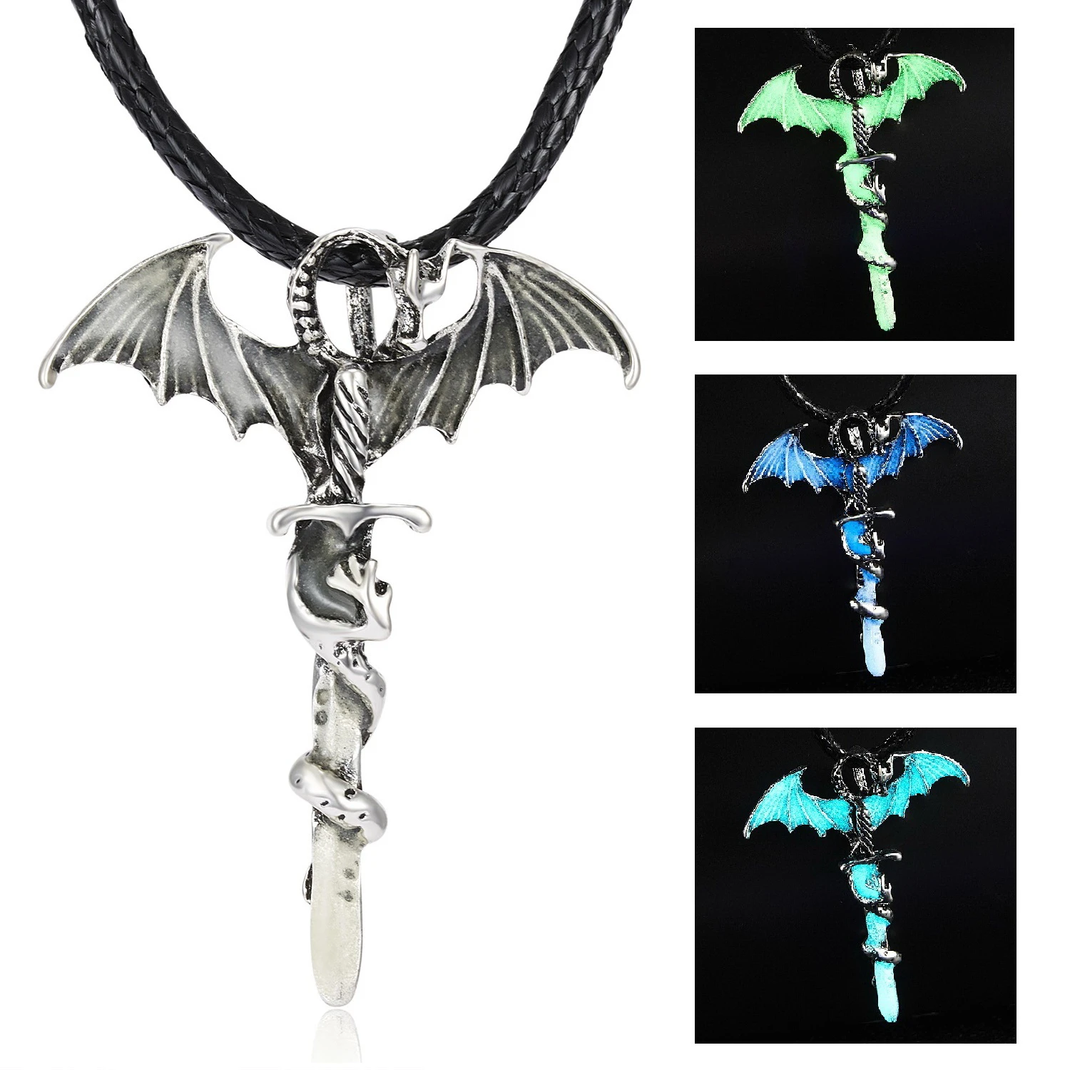 Rinhoo Vintage Magic Steampunk Glowing Luminous Punk Dragon Pendants Necklaces Mens Jewelry Glow In the dark Pendant Necklace