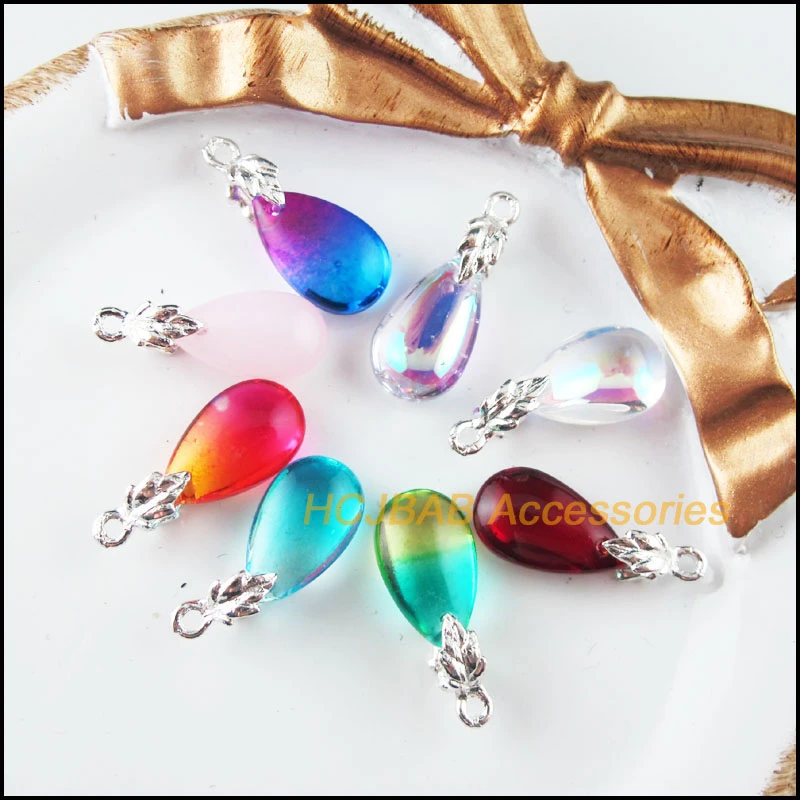 16Pcs Mixed Crystal Teardrop Charms Silver Plated Leaves Bail 8x21mm
