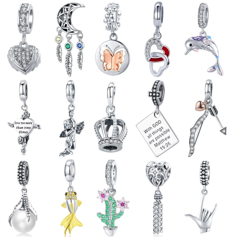 925 Sterling Silver Princess Crown Charms Heart Love Lock Feather Clear CZ Pendant Beads Fit Silver 925 Bracelet Jewelry Making