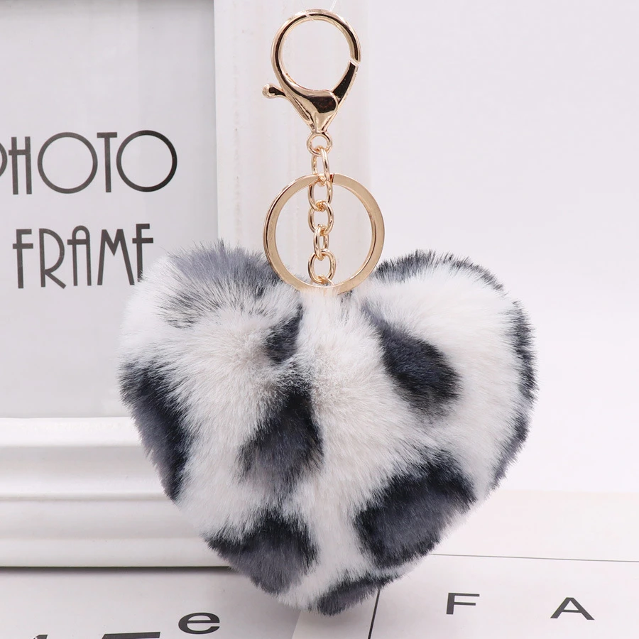 Artificial Rabbit Fur Pom-pom Keychain Leopard-print Pom-pom Keychain Lady Mobile Phone Bag Key Ring Love Pendant Decoration