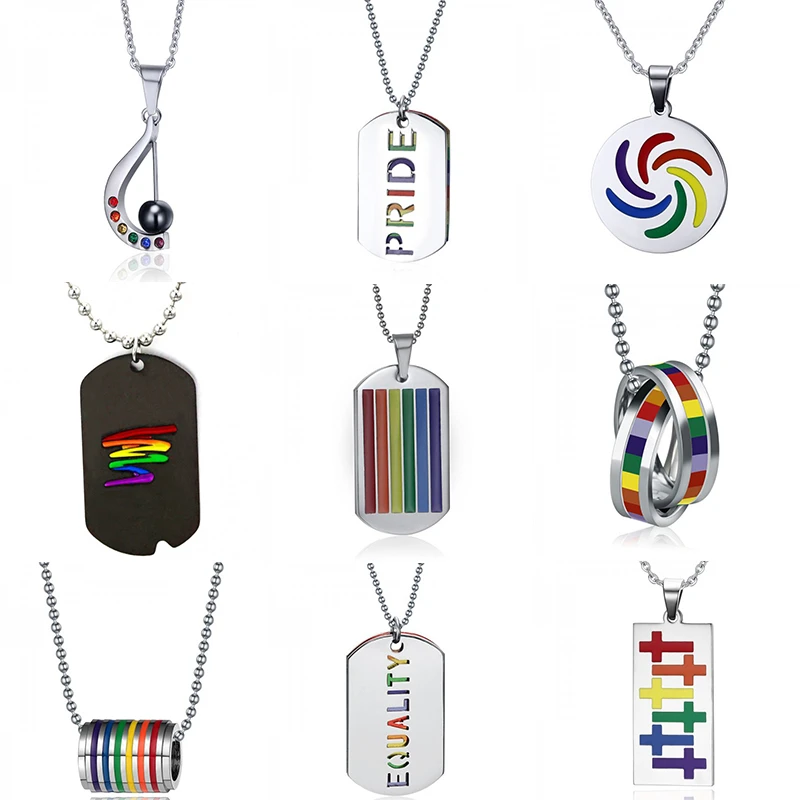 New Stainless Steel Circle Plate Pride Gay Rainbow Necklace Men Fashion Couple Unisex Pendant Chain High Quality Jewelry Gift