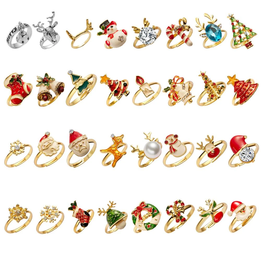 New Trendy Crystal Enamel Christmas Ring Women Delicate Xmas Tree Elk Santa Claus Snowman Bells Snowflake Finger Rings Wholesale