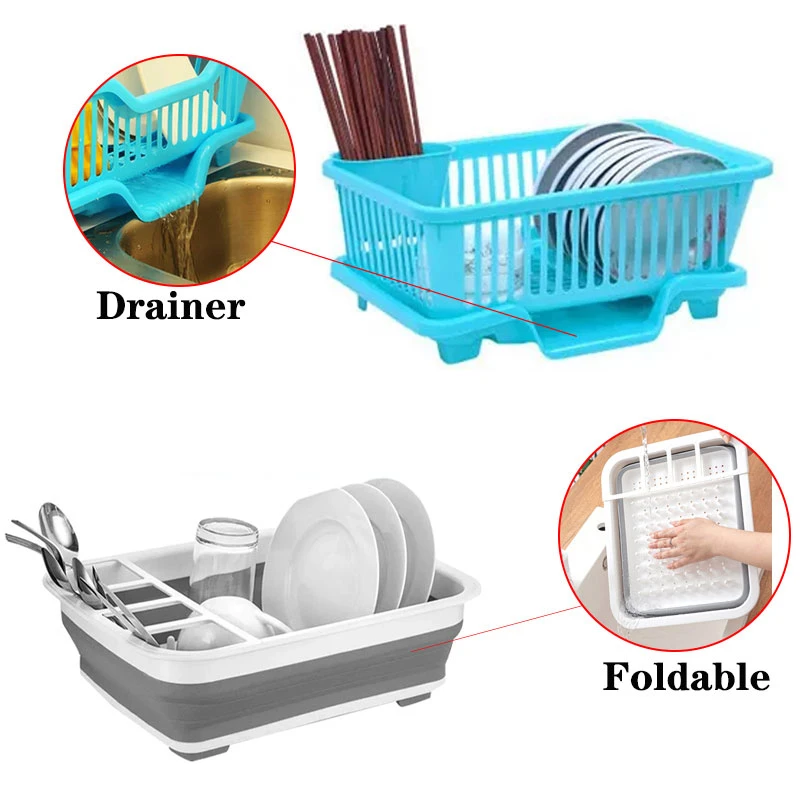 Foldable Dish Rack Kitchen Dish Drainer Holder Home Tableware Drainer Shelf Storage Rack  Basket Sink Drying Organizer with Tray