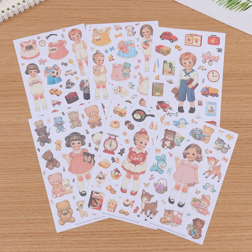 6 PCS/Pack New Cute Creative Stickers Paper Girl Combination Paper Doll Mate Diary Notebook Label Stationery Sticker