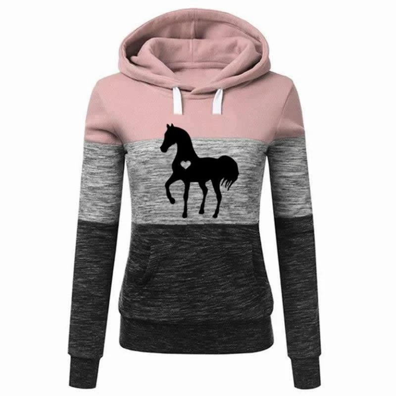 Autumn Women Hoodies Horse Love Print Splice Sweatshirt Cotton Casual Fashion Street Hooded Tops Clothes S-4Xl