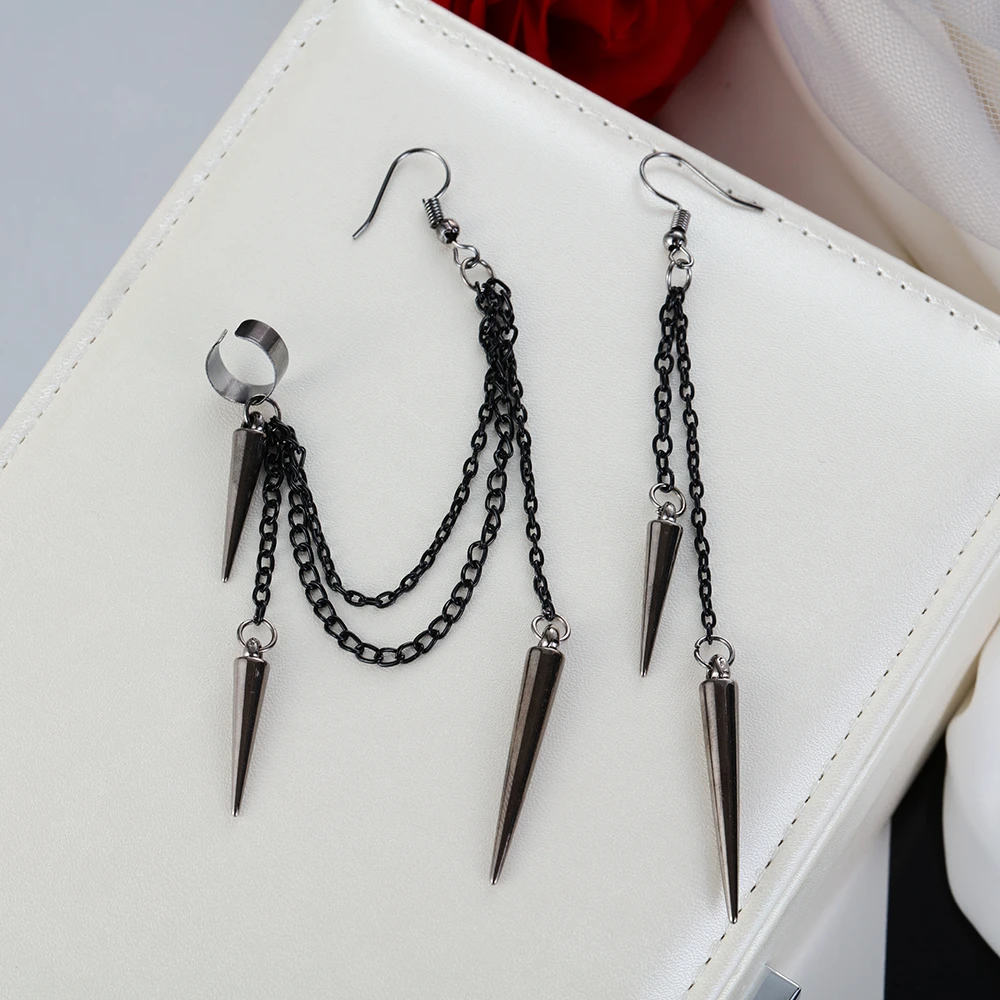 Men Retro  Black Tassel Chain Long Earrings Punk Earrings Hiphop Rivet Earrings For Women Gothic Party Jewelry Pendientes