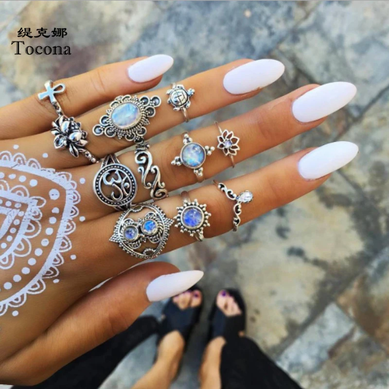 Tocona 11pcs/sets Vintage Silver Color Rings Lotus Flower Clear Crystal Stone Turtle Water Drop Geometric Jewelry for Women Men