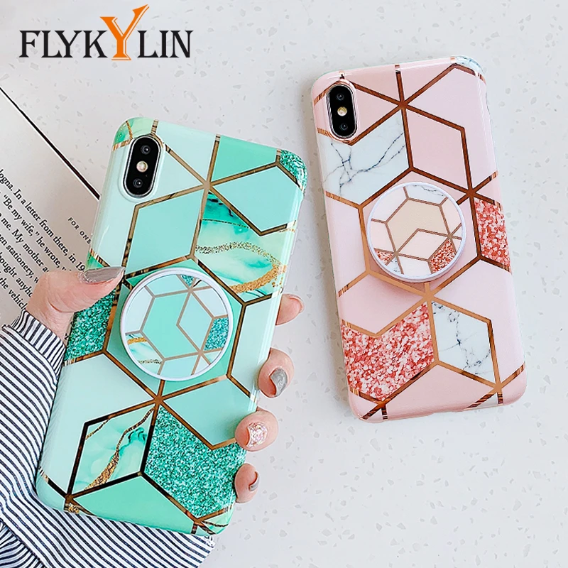 FLYKYLIN Holder Stand Case For Samsung Galaxy A50 A51 Back Cover For Samsung A70 A71 A40 Art Splice Marble Silicone Phone Coque