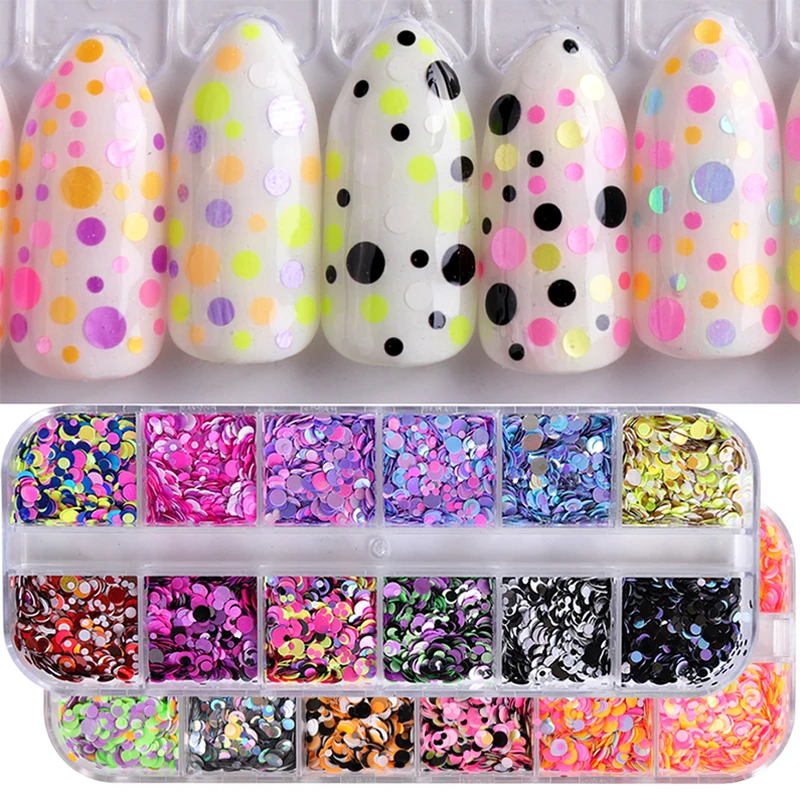 1 Set 12 Grids Nail Sequins Round Colorful Flakes Mixed Color 3D Fashion Paillette Glitter Manicure Nail Art Decoration Tool TRP