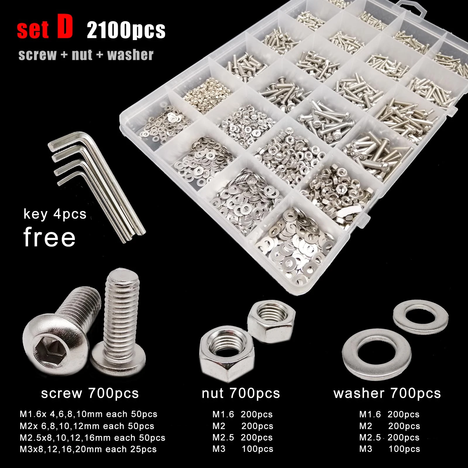 400/2100 M1.6 M2 M2.5 M3 M4 M5 304 Stainless Steel Hexagon Hex Socket Button Round Head Screw Bolt Nut Washer Set Assortment Kit
