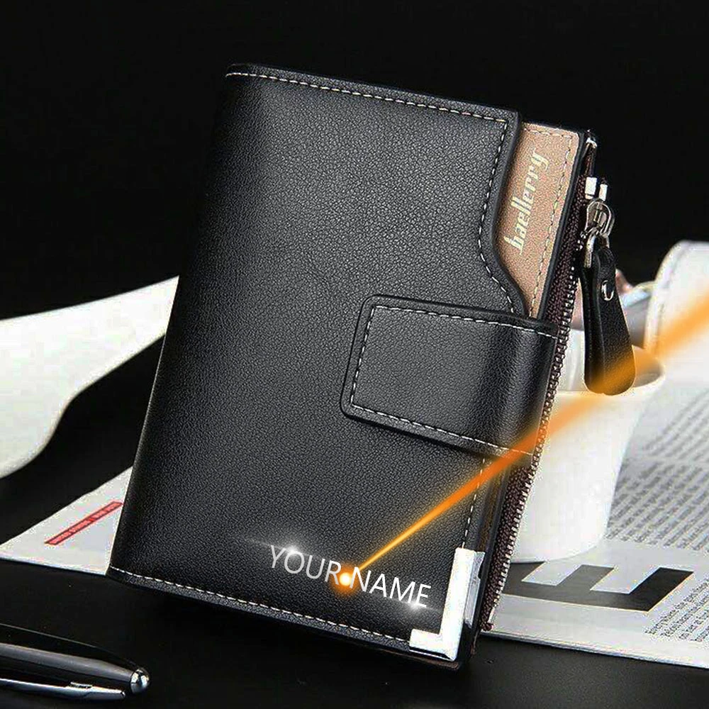 Customized Men Wallets Name Engraving Card Holders Zipper Fashion Short Men Purse PU Leather High Quality Male Purse For Men