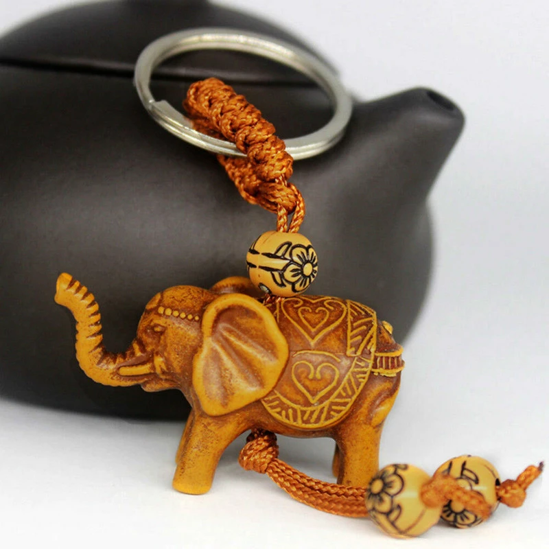 1 PCS Elephant Keychain Peach Wood Carving Unique Key Chain To Give Gifts  Pom Pom Cute Keychain  Stainless Steel