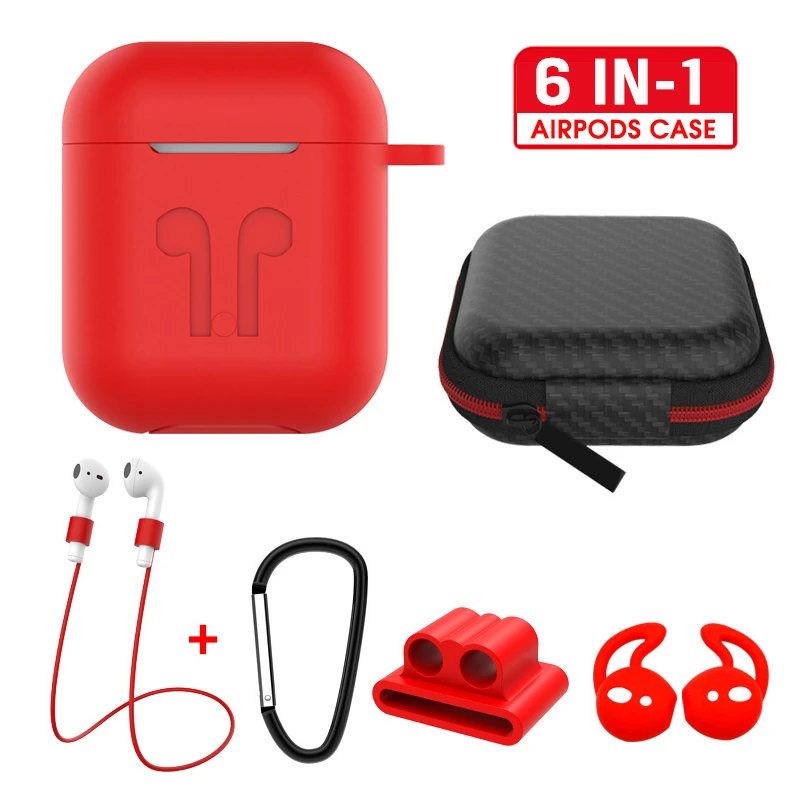 6 IN-1 Cases Lanyard Carabiner Protective Case For AirPods Headphone Silicone Cover For Air Pods 2 Case Accessories Storage Box