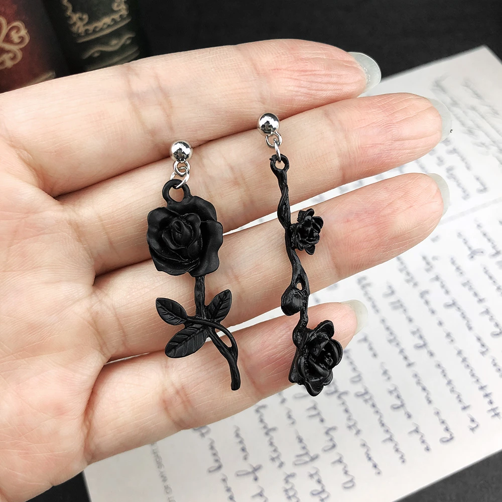 Gothic Jewelry Ornament Dark Goth Black Briar Rose Ear Stud Unglazed Black Club Rock Hip-Hop Asymmetry Dangle Earring