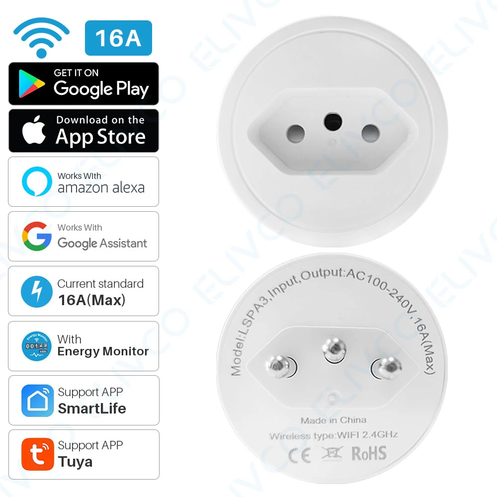 Smart Power Plug WiFi Brazil Intelligent Outlet With Energy Monitor Timing Tuya APP Remote Control Works With Alexa Google Home