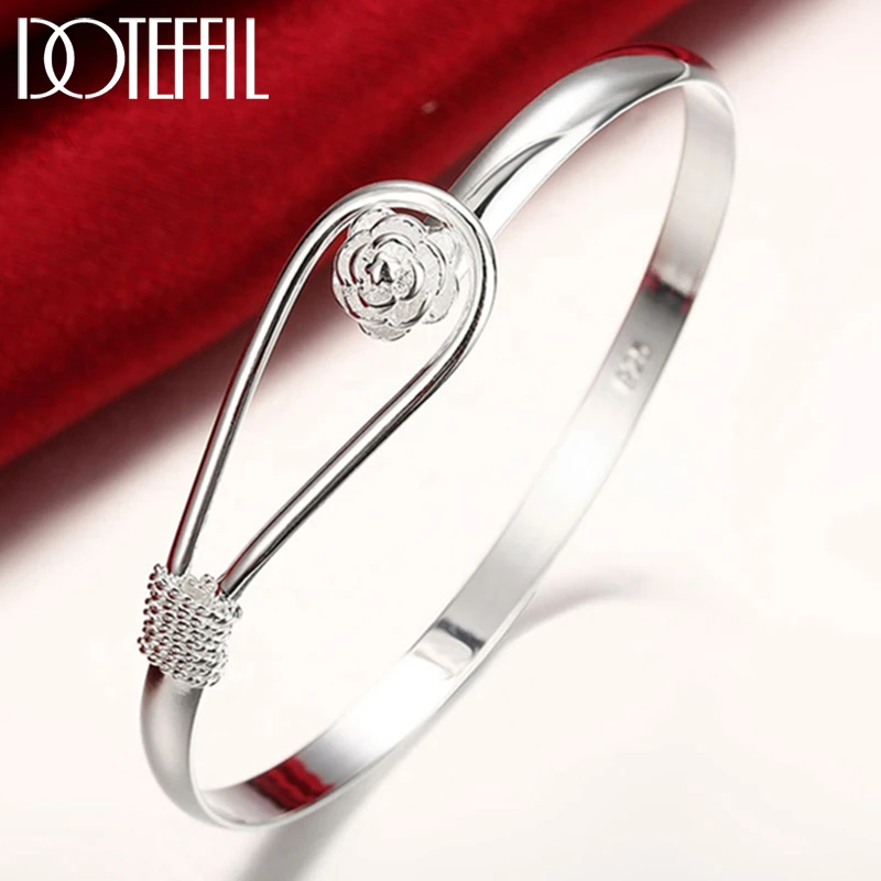 DOTEFFIL 925 Sterling Silver Rose Flower Bangle Bracelet For Women Wedding Engagement Fashion Charm Party Jewelry