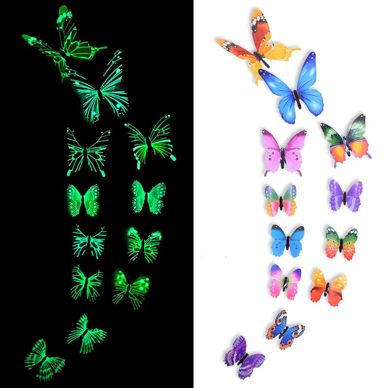 12/24pcs Luminous Butterfly Wall Sticker Living Room Bedroom Decal Art Home Decoration Wallpaper 3D Glow in the Dark Stickers