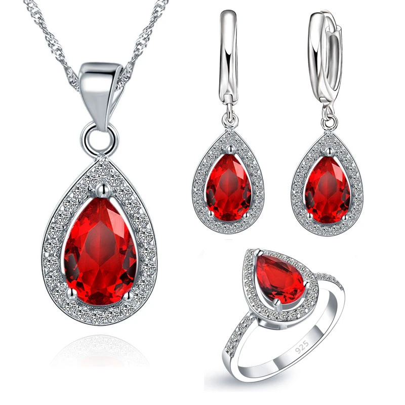 Red Crystal Wedding Jewelry Sets Water Drop Cubic Zirconia Stone 925 Sterling Silver Earrings Necklaces Finger Rings 6789