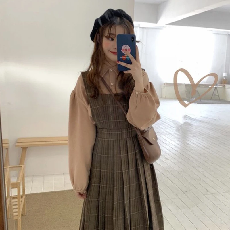 Very Nice Autumn Plaid One Piece Dress Straps Sleeveless Pleated Dress Midi Kawaii Robe Femme Vestido Mujer Vestiti Donna