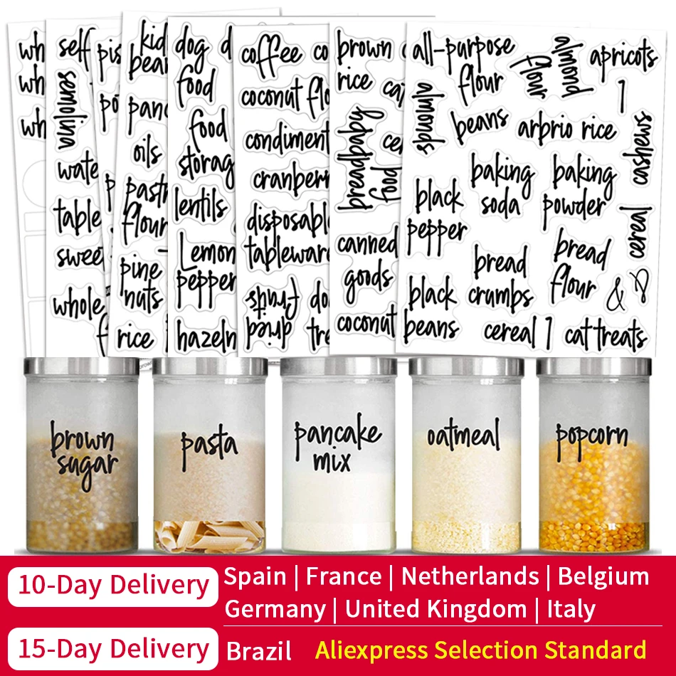 170PCS Pantry Label Printed Home Containers Jars Bottles Tags Waterproof Transparent Self-Adhesive Kitchen Food Label Stickers
