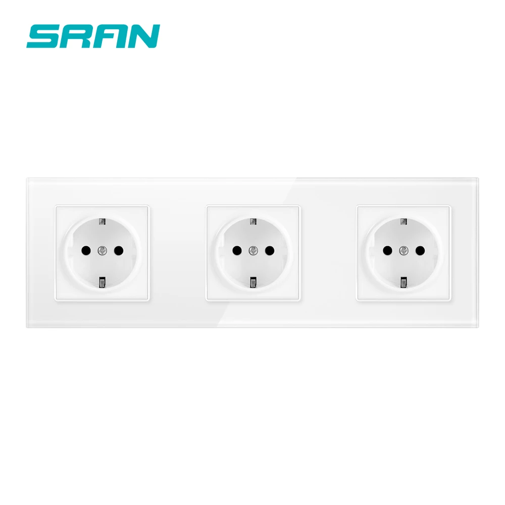 SRAN Wall crystal glass panel 3 frame power socket,EU Socket 16A plug grounded 258mm*86mm triple socket