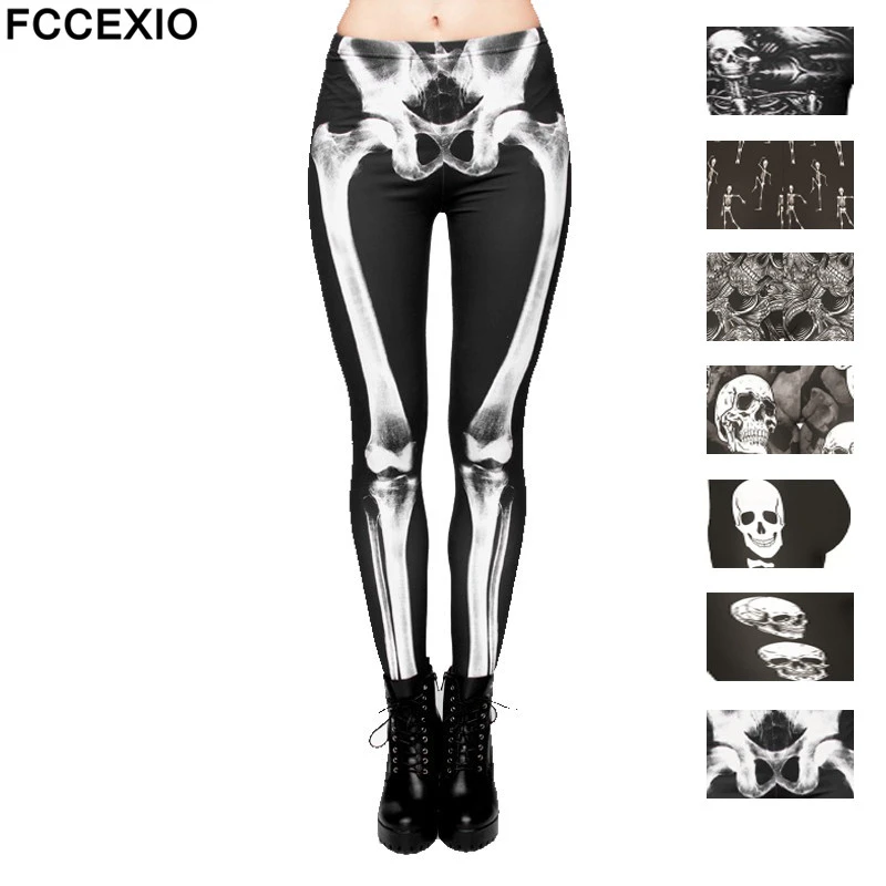 FCCEXIO New Brand 3D Printed Retro Bones Black Skeleton Sexy Women Casual Punk Rock Leggins High Waist Pants Fitness Leggings