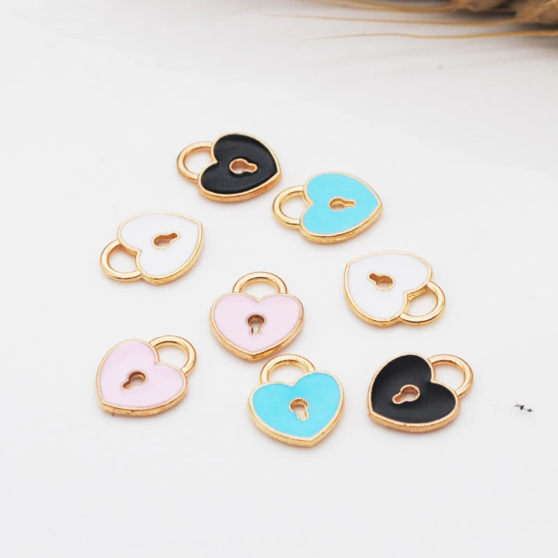 30pcs/lot New Oil Drop Charms Heart Lock Shape Alloy Pendant fit for bracelet DIY Fashion Jewelry Accessories