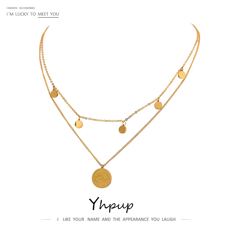 Yhpup Fashion Coin Eye Pendant Layered Stainless Steel Necklace for Women Statement Chain Choker 18 K Necklace Jewelry 2021
