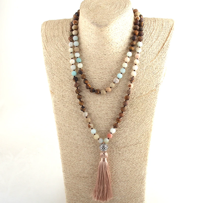 Fashion Women Lariat Bohemian Tribal Jewelry 108 Beads Necklace 8MM Natural Stone Tassel Yoga Necklaces
