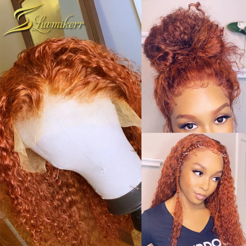 Ginger Orange Lace Front Human hair Wig Colored Curly Deep Water Wave Full Frontal 13x6 PrePlucked Transparent HD Wig For Women